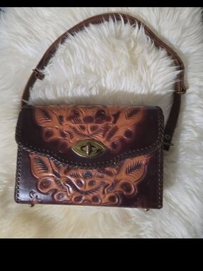Vintage Hand-Tooled Brown Leather Crossbody Bag